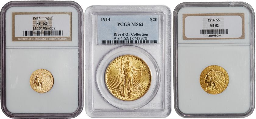 pc 1914 US Gold   $20 Saint PCGS MS62 + $5 Indian & 2.5 Indian 