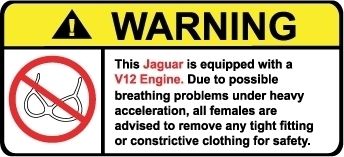 Jaguar V12 Engine No Bra warning sticker decal  