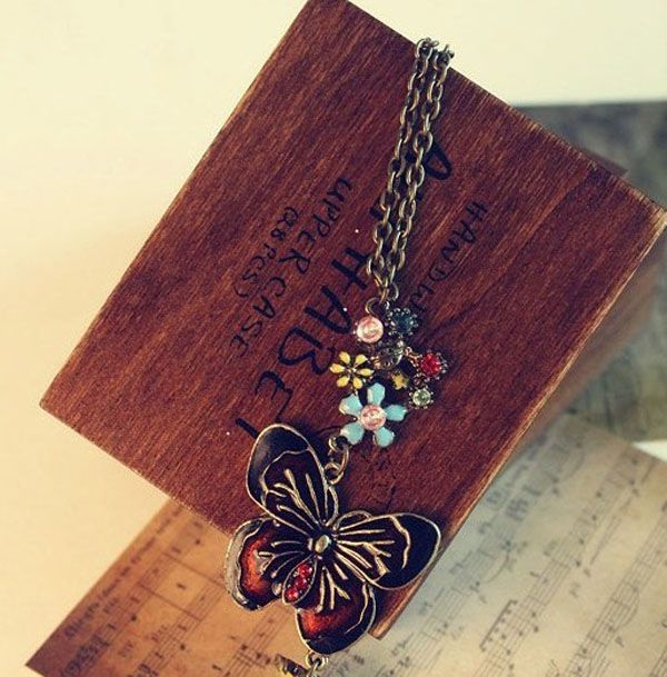 Retro Enamel Butterfly Over Colorful Flowers Vintage Necklace Coat 