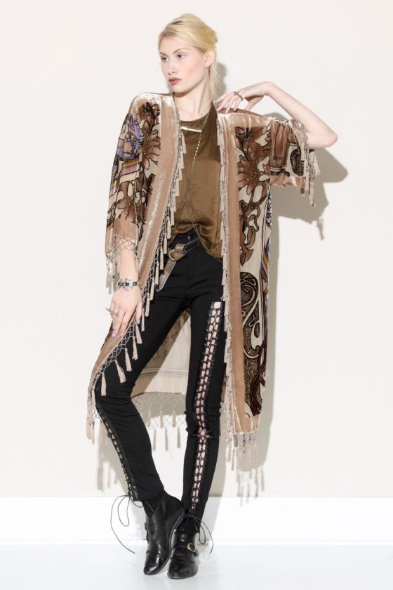 BURNOUT VELVET SILK KIMONO Jacket Fringe Tassel Coat Bead Lady Zodiac 