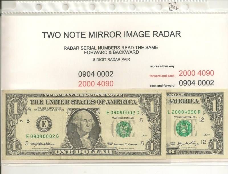 TWO $1 NOTE MIRROR IMAGE RADAR PAIR 0904 0002 2000 4090  