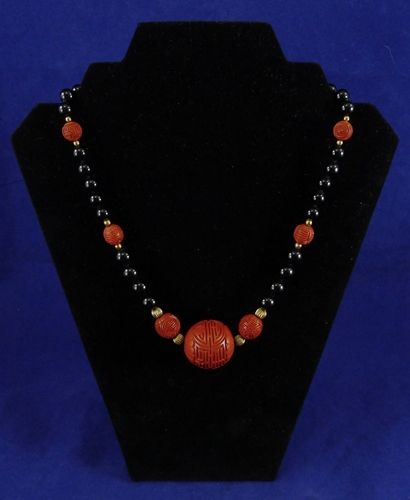 Vintage Chinese CINNABAR Glass BEADS Necklace BLACK Large VTG 20 