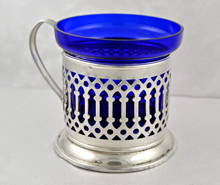 Sterling Silver Openwork Cup w/ Blue Glass Insert  