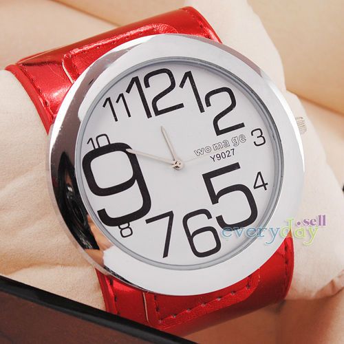 New Big Red Leather Quartz Girls Wrist Watch White Round Dial Hand 