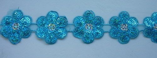 TL82 Aqua Flower Embroidery Holgram Sequin Trim Lace 1y  