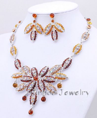 Leaf Champagne Austrian Rhinestone Necklace Earring Set  