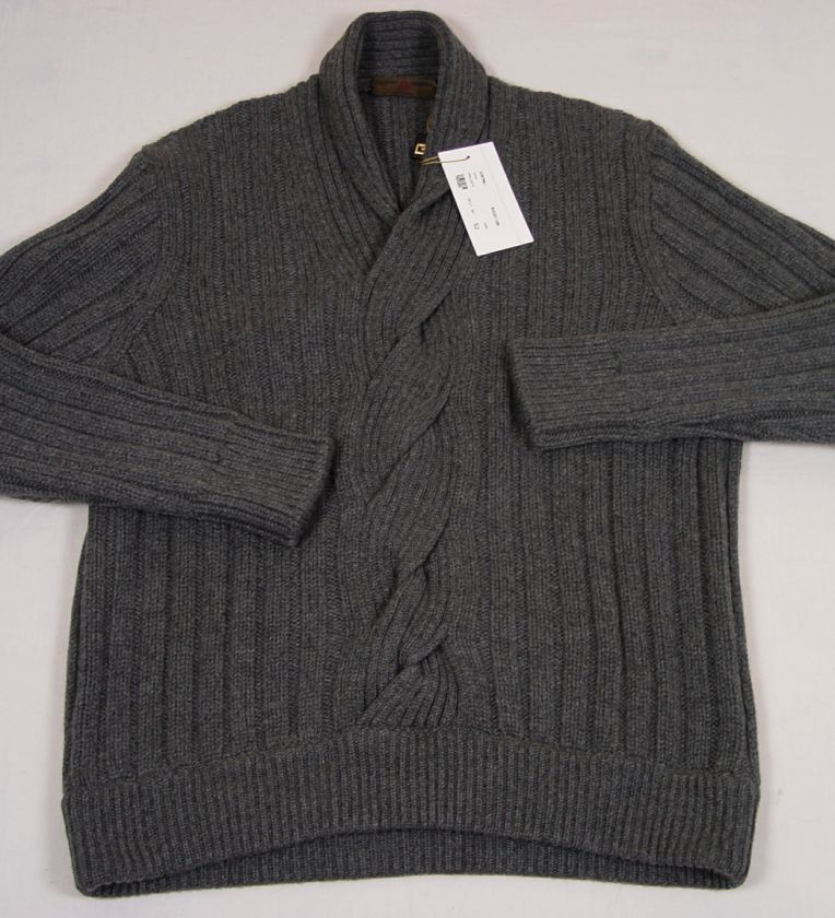 LUCIANO BARBERA SWEATER $2095 GRAY WOVEN SHAWL COLLAR 100%CASHMERE Lg 