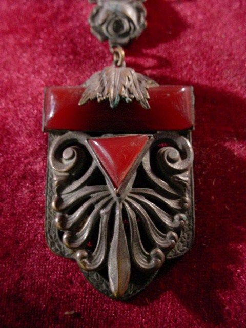 Antique ART DECO 1920s CINNABAR GLASS Silver Tone BOHEMIAN BEADED 