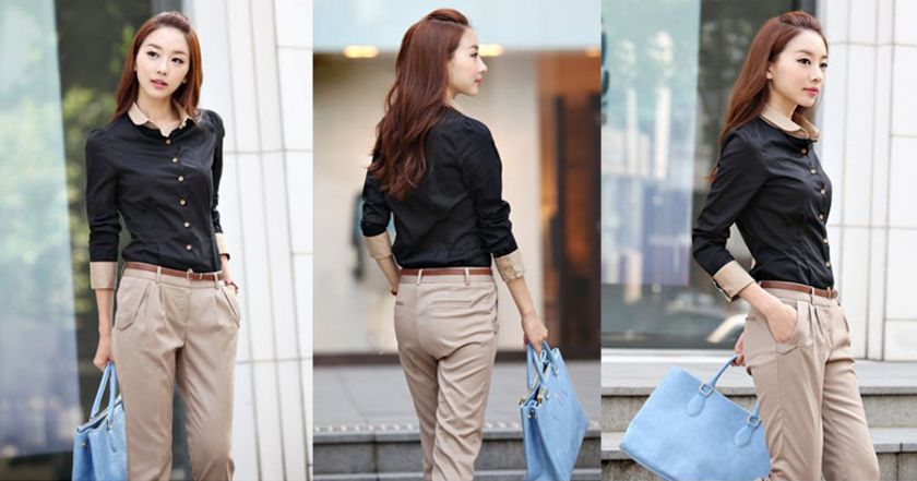 New Women Fashion OL Retro Vintage Long Sleeve Shirts Blouse Top Black 