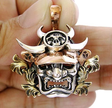 JAPANESE SAMURAI ARMOR FACE MASK COPPER SILVER PENDANT  