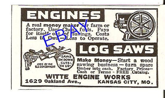 1938 WITTE LOG SAW DRAG SAW AD GAS ENGINE KANSAS CITY  