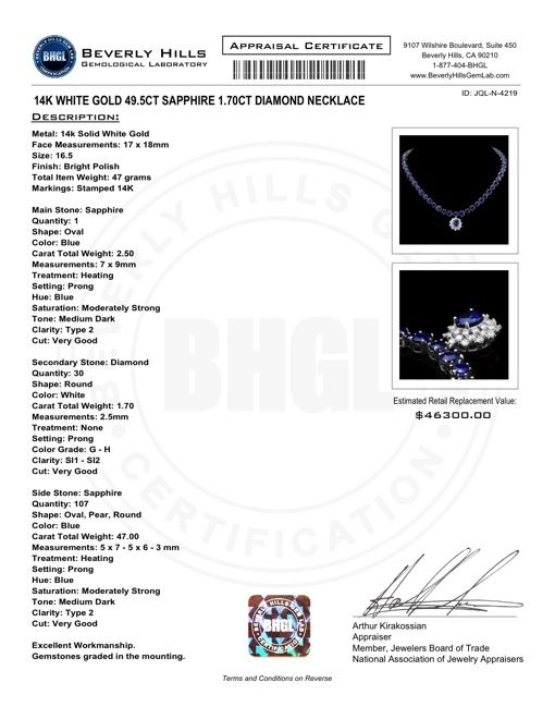 46300 CERTIFIED 14K WHITE GOLD 49.5CT SAPPHIRE 1.70CT DIAMOND 