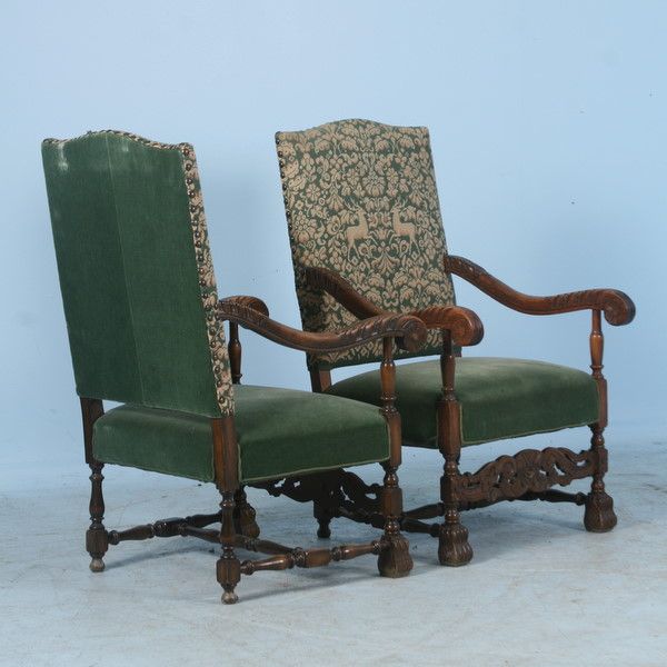 Pair, Antique Danish Embroidered Stag Arm Chairs c.1890  