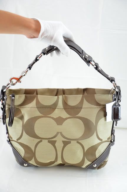 COACH 18792M SIGNATURE CARLY KHAKI MAHOGANY FABRIC TOTE BAG $348 