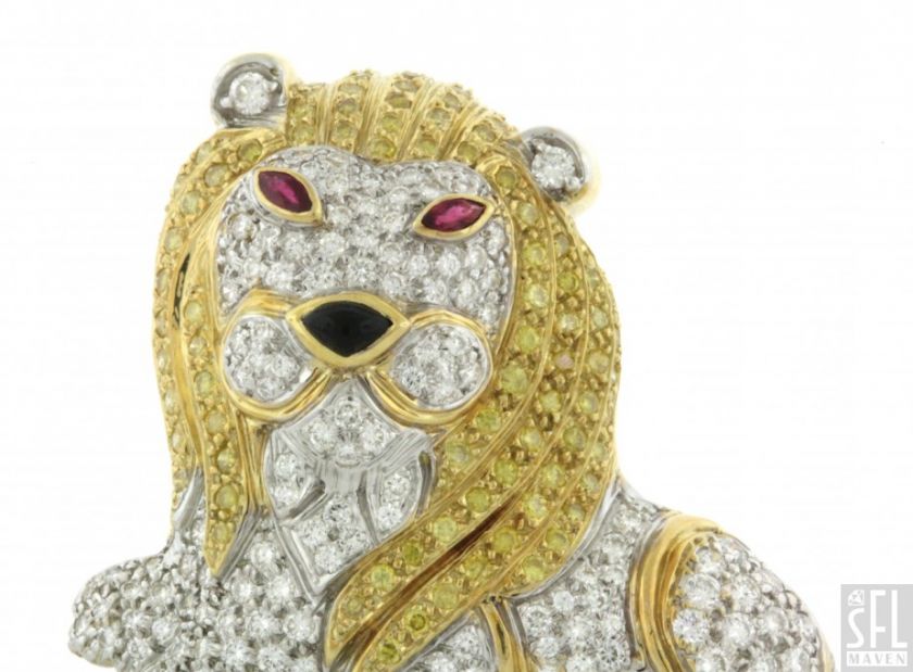   18K 2 TONE GOLD 4.50CTW WHITE/YELLOW DIAMOND/RUBY LION DESIGNER BROOCH