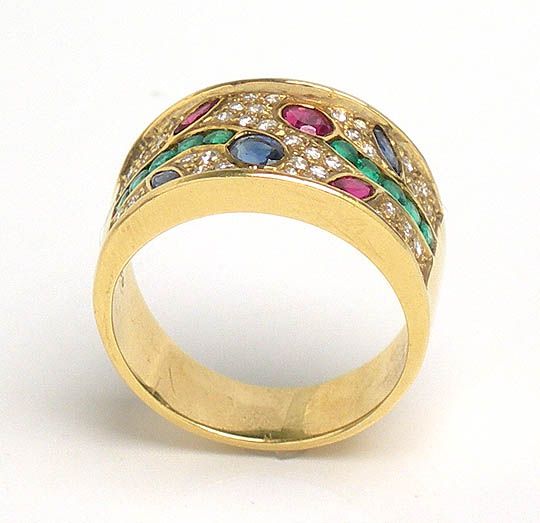 BEAUTIFUL 18k DIAMONDS & GEMS FLORAL MOTIF BAND RING  