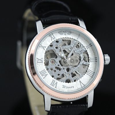   Engrave Silver Dial Skeleton Mechanical Wrist Watch Hand Light Rome