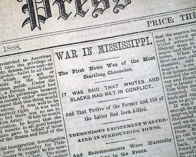 WAHALAK MS Mississippi RACE RIOT Negroes Blacks 1888 Newspaper Black 