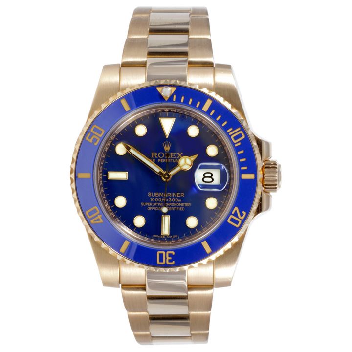 Factory Original Rolex Mens 18K Gold Submariner Blue Maxi Marker 