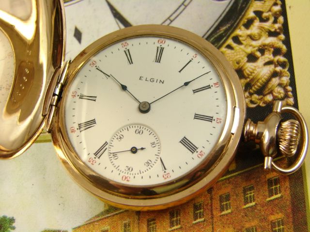 SUPERB 1910 ELGIN 14k GOLD HUNTER POCKET WATCH FANCY LIGHTHOUSE CHASED 