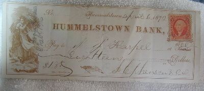 Original 1872 Hummelstown Bank Check Washington Stamp  