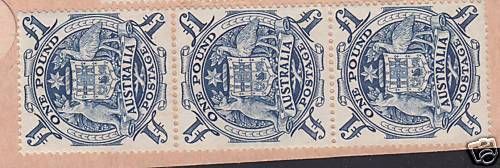 Australia 1949 £1 Coat of Arms Strip 3 MNG Paper Piece  