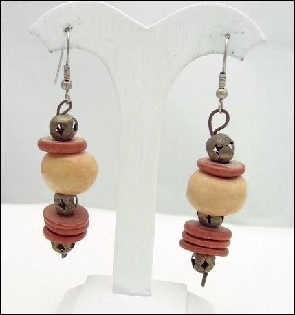 CLAY BEAD in EARTHY TONES Vintage Pierced EARRINGS Silvertone Wires 