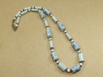 Vintage Art Deco Hand Painted Blue Porcelain Barrel Bead Choker 