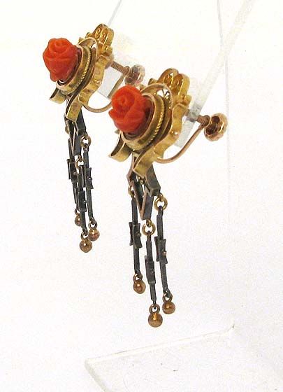 VICTORIAN 14K GOLD & HAND CARVED CORAL EARRINGS PIN SET  