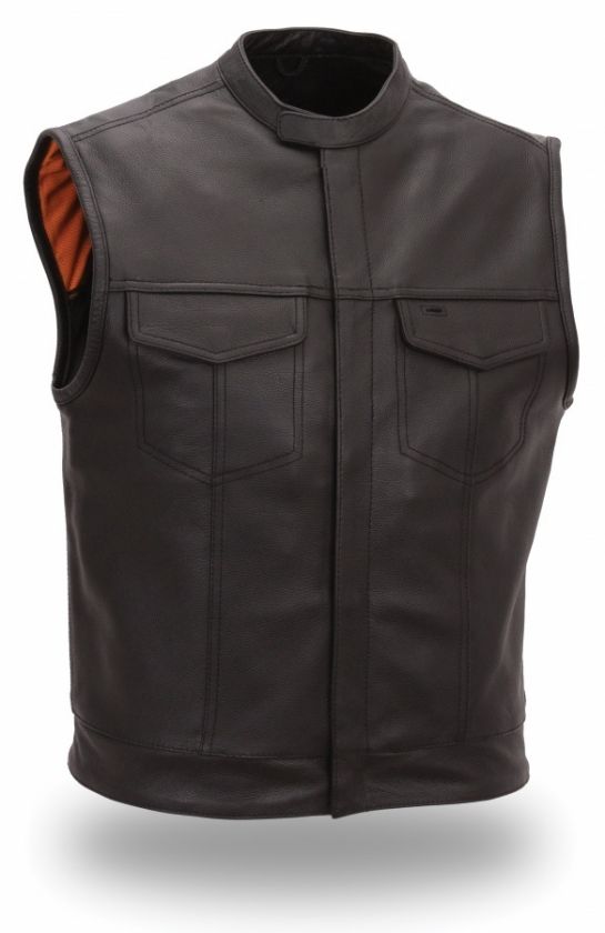 Leather Motorcycle Vest Men’s Concealed Snaps Scooter Collar Vest S 