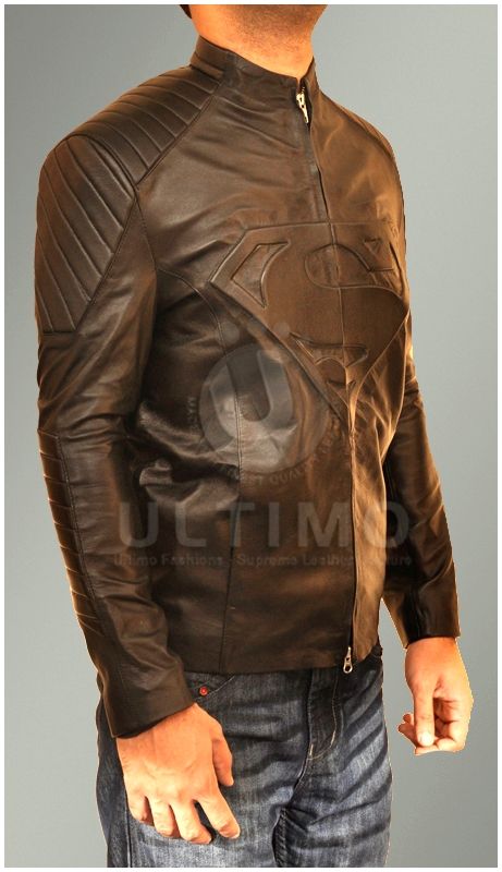 Superman Smallville Black Leather Sheepskin Jacket   Embossed Superman 