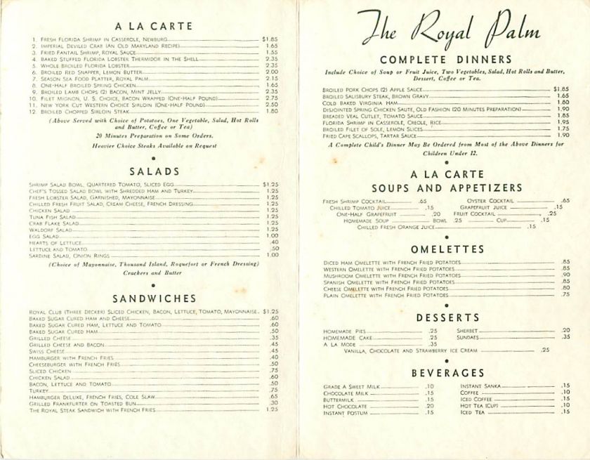 CARD UNFOLDS INTO A MENU FOR THE ROYAL PALM RESTAURANT