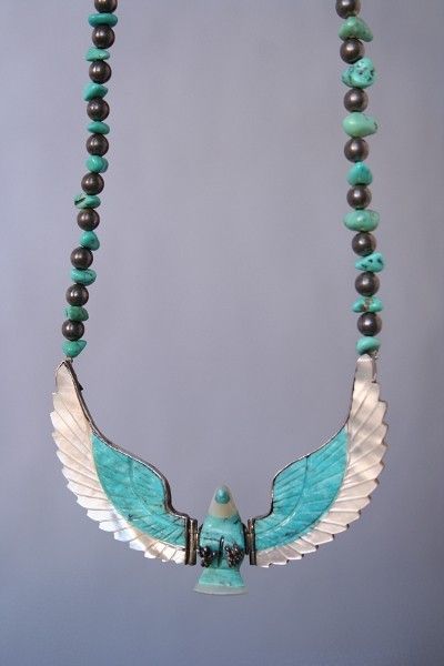 Vtg HUGE TURQUOISE Mop STERLING Silver EAGLE NECKLACE  