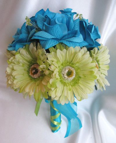 Bridal Bouquet wedding flowers TURQUOISE GREEN DAISY  