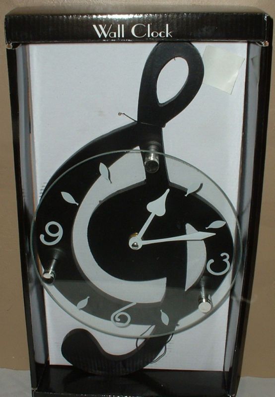 MUSIC NOTE WOOD GLASS WALL CLOCK~TREBLE CLEF~ROCK~BLACK  