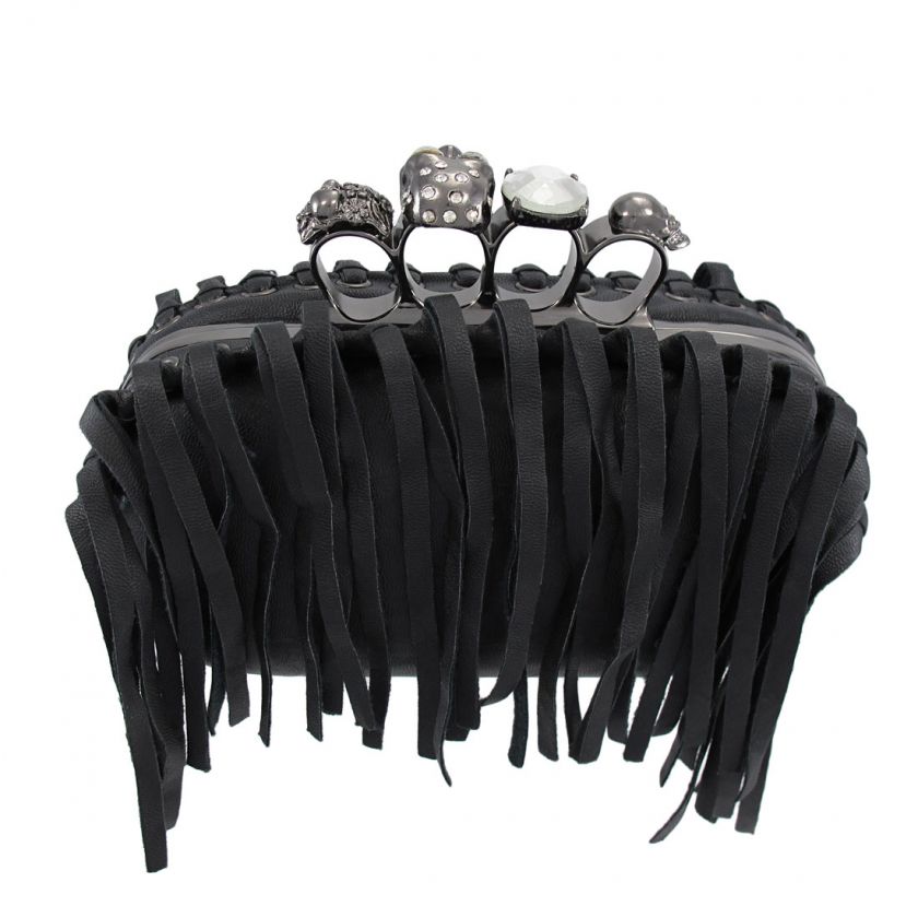 Black Fringed Vinyl Hard Shell Skull Accented Clutch Evening Bag 