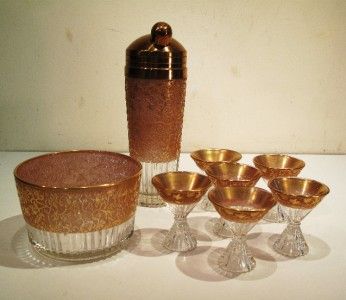 SET VTG ITALIAN GOLD BAR FLORAL BIRD GLASS MIXER BOWL  