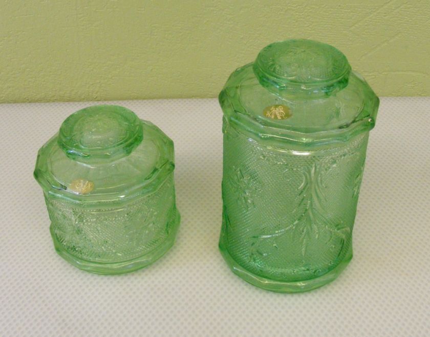 Vintage Tiara Chantilly Green Glass 2 Piece Canister  