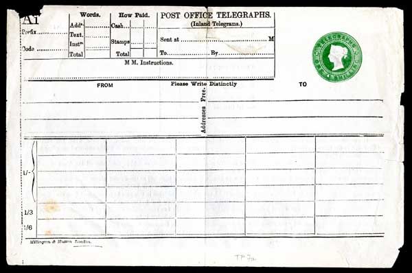 QV TP7a 1s Post Office Telegraph Inland Telegram Form  