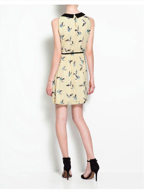 CONTRASTING COLLAR SLEEVELESS DRESS WITH BIRD PRINT 2409  