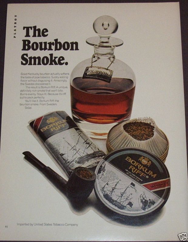 1972 BORKUM RIFF BOURBON FLAVORED PIPE TOBACCO AD ART  