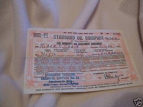 1951 STANDARD OIL Tire Warranty CERTIFICATE, oil & gas  