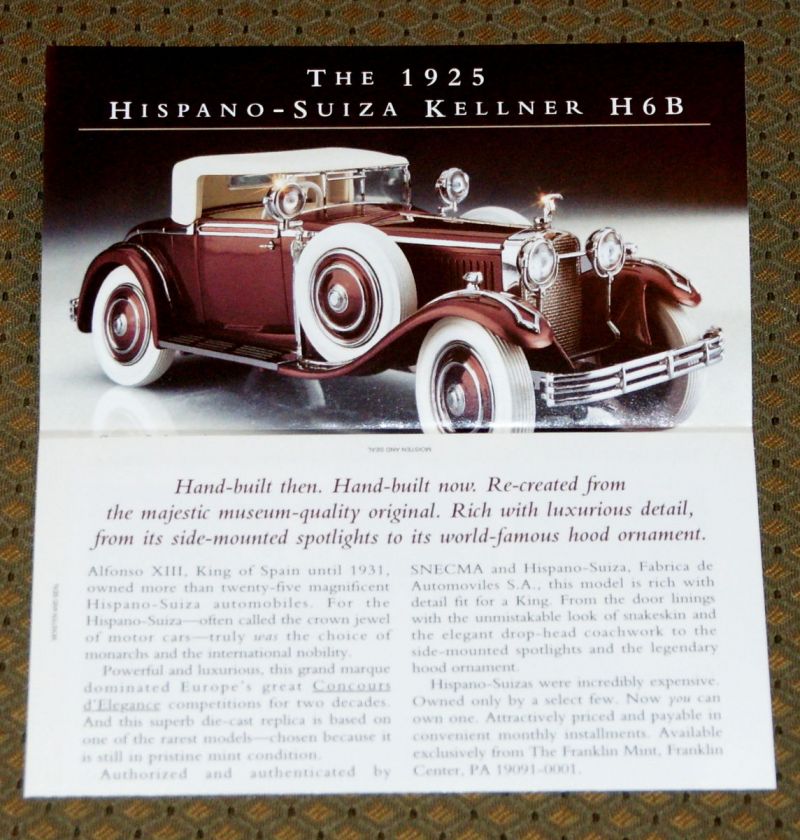 Franklin Mint 1925 Hispano Suiza Kellner Marketing Brochure   Spain 