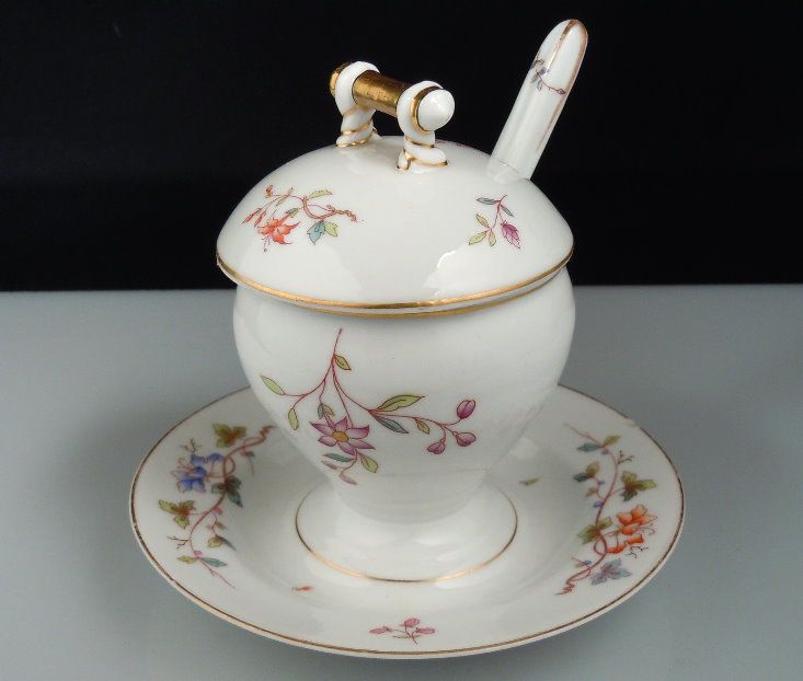 Antique Porcelain Mustard Pot with Spoon  