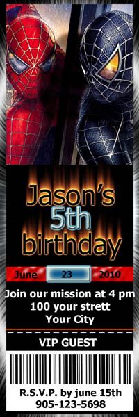 Birthday Invitations SPIDERMAN Spider man 4x6 or Ticket  