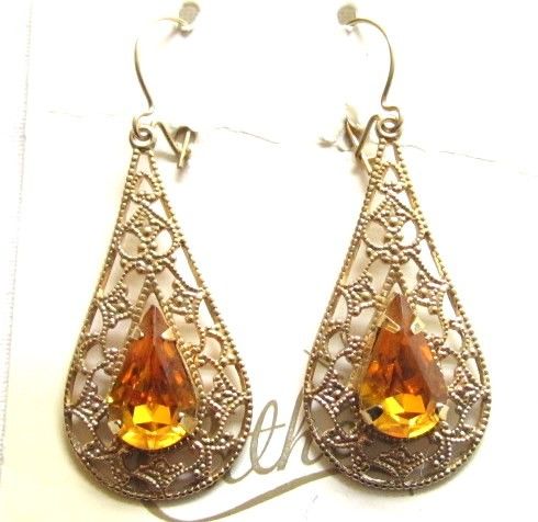 Vintage CATHE 12Kt GF wire rhinestone Filigree EARRINGS  