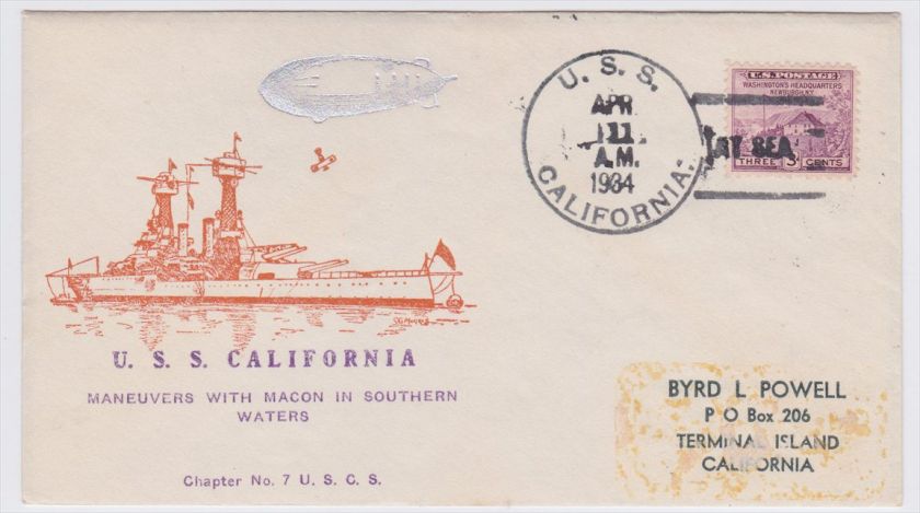 USS California Meneuvers With Macon in Southern Waters 1934 Cover. All 