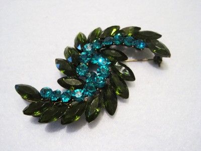 VINTAGE OLIVE GREEN & TEAL RHINESTONE PIN OR PENDANT  