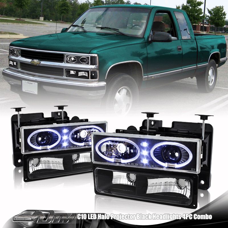 88 99 Chevy C/K 1500 2500 3500 Halo Projector Black Headlight+Bumper 4 