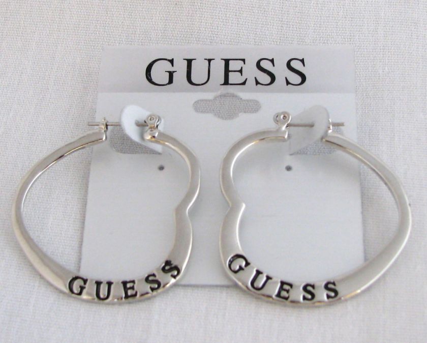 TRENDY GUESS SILVER TONE HEART SHAPE LOGO EARRING NEW  